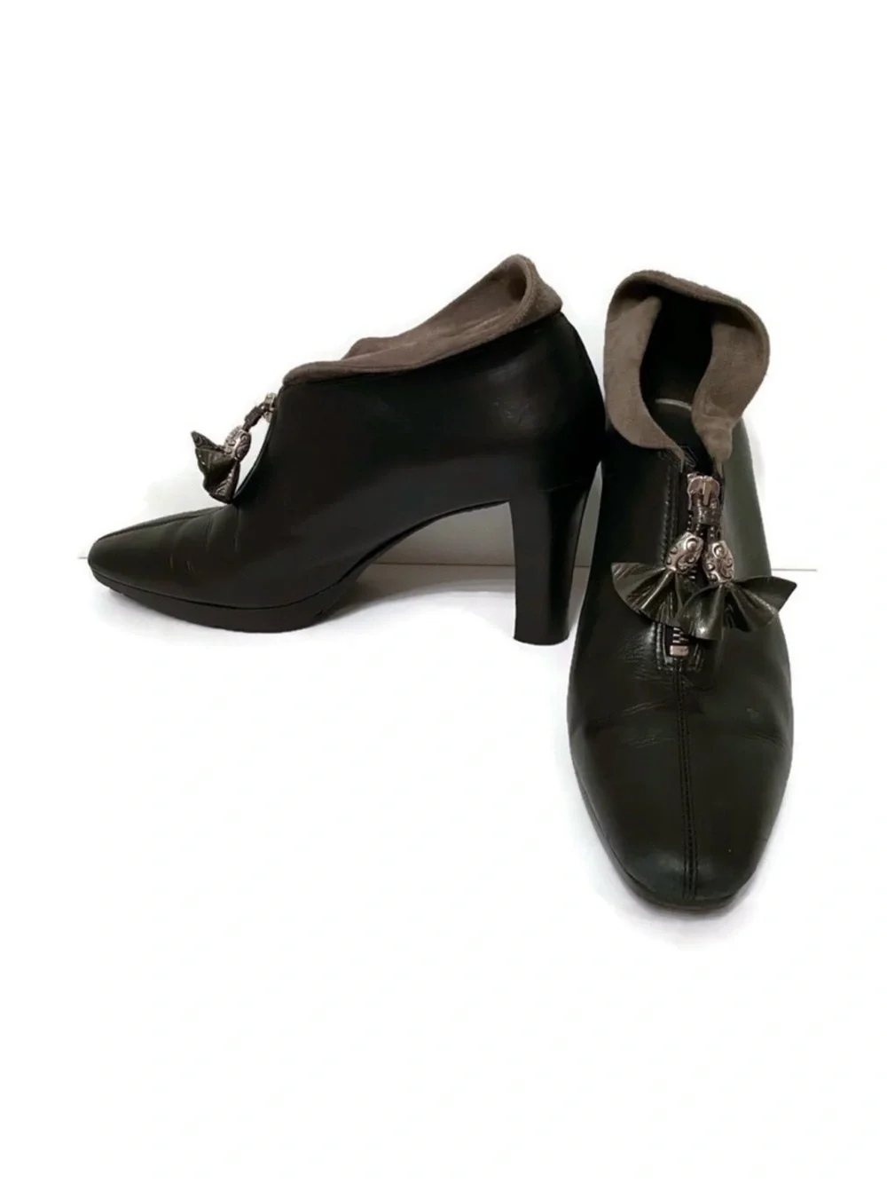 BRIGHTON SHOES HEELS ANKLE BOOTIES BLACK STACEY LEATHER GRAY SUEDE 8.5 M